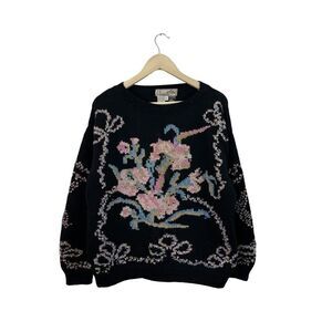 Vintage Ratex Large Sweater Wool Uruguay Hand Knitted Black Pullover Womens